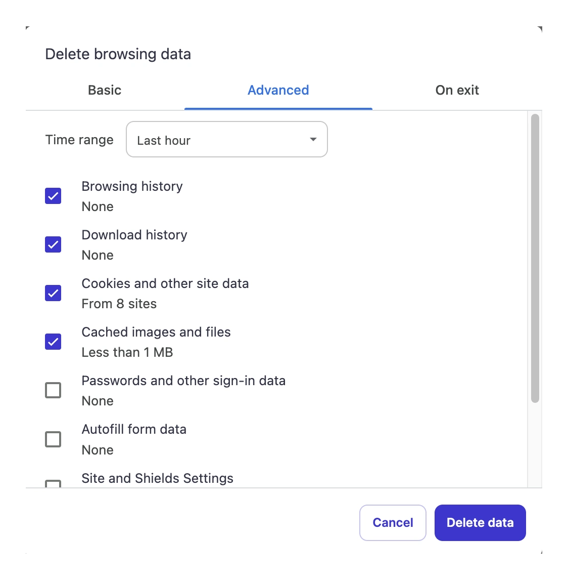 Screenshot: Brave Browser data options