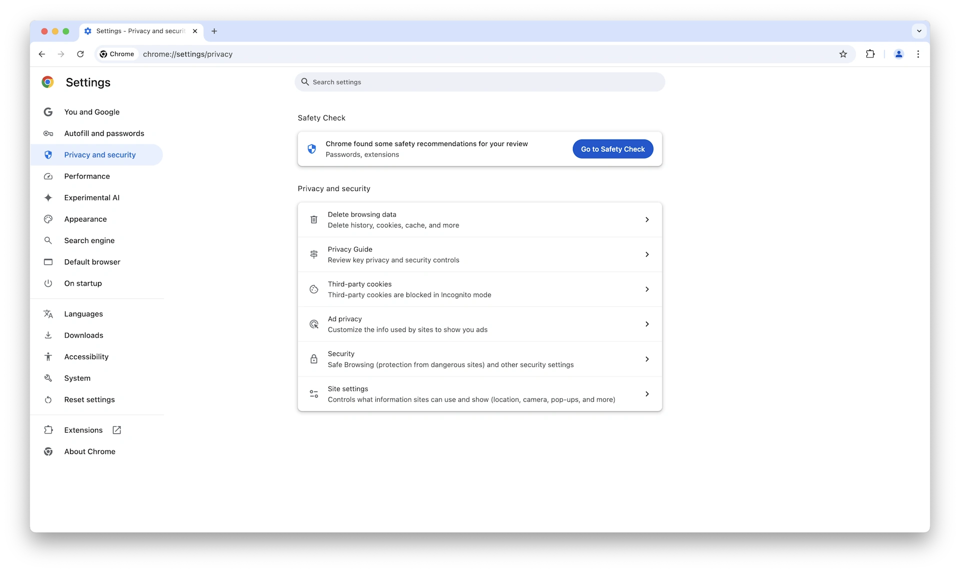 Screenshot: Google Chrome Privacy and Security Settings