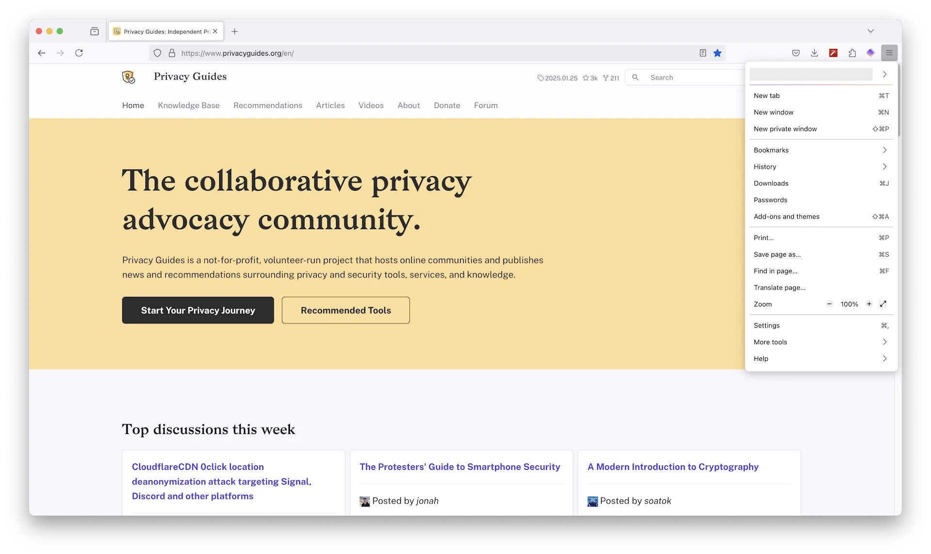 Screenshot: Firefox browser with Privacy Guides Homepage