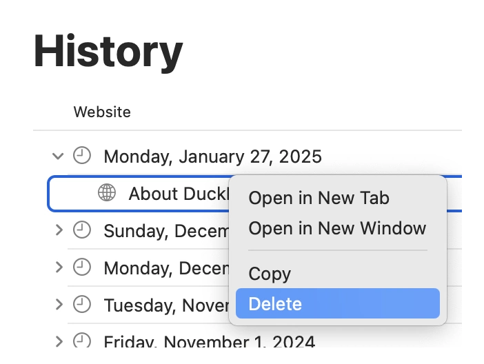 Screenshot: History Panel in Safari