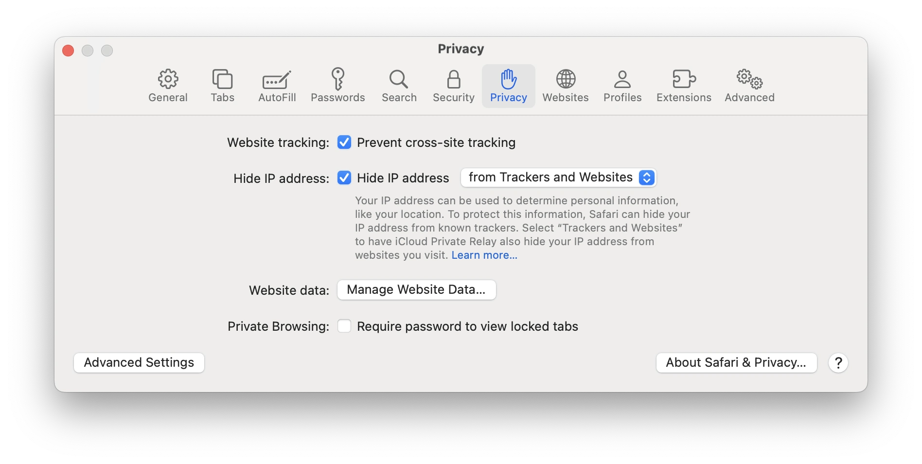 Screenshot: Safari Privacy Settings