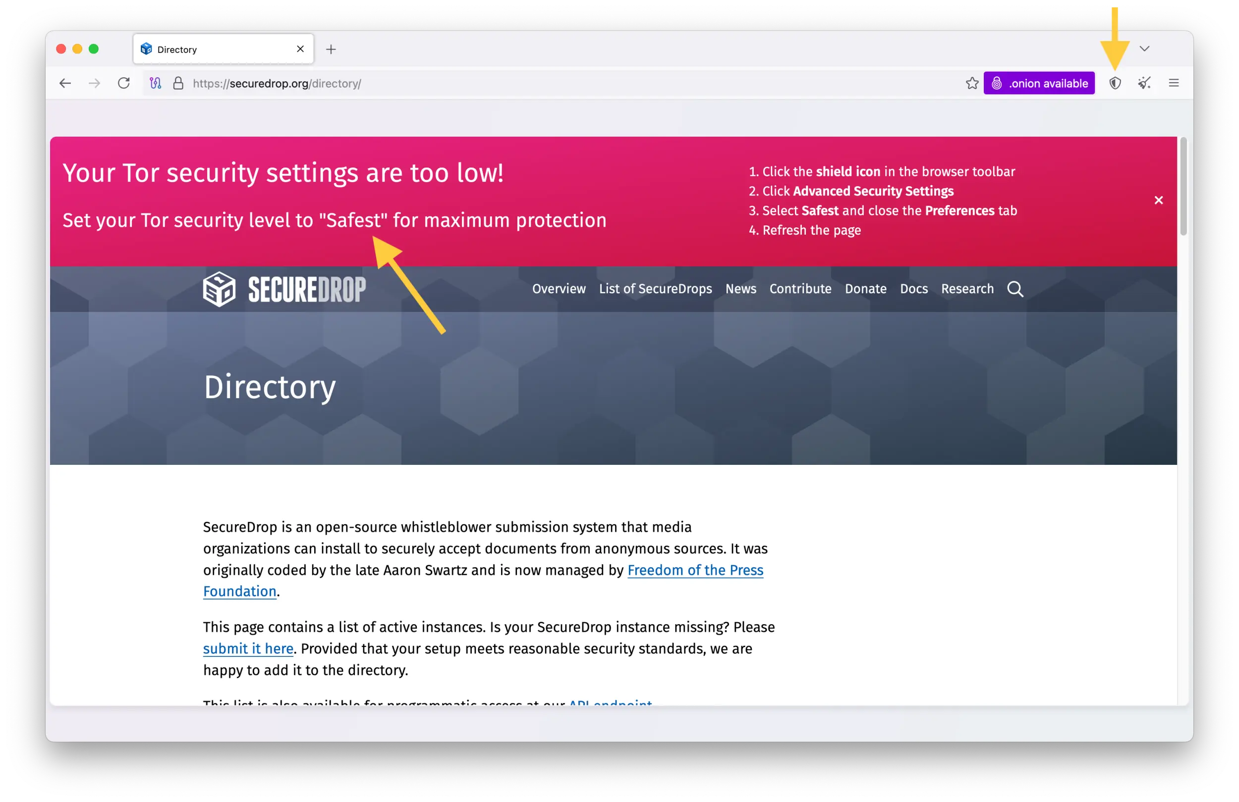 Screenshot from the Tor Browser showing a warning from the SecureDrop website to adjust Tor security level to Safest.