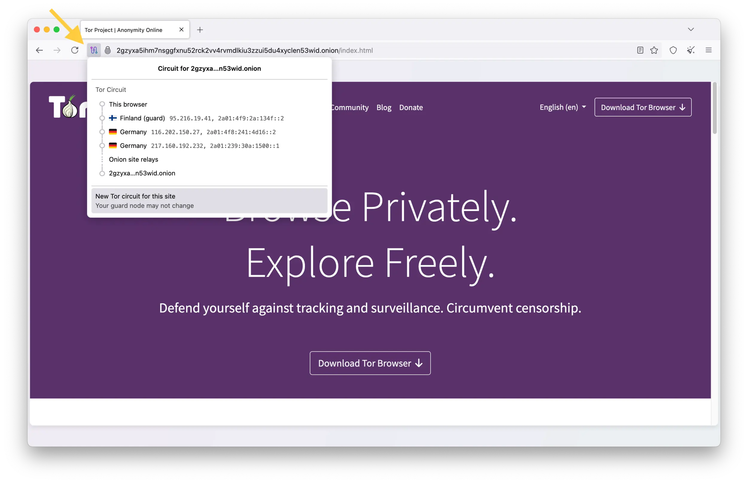 Screenshot from the Tor Browser showing a popup window from the Tor Circuit button.