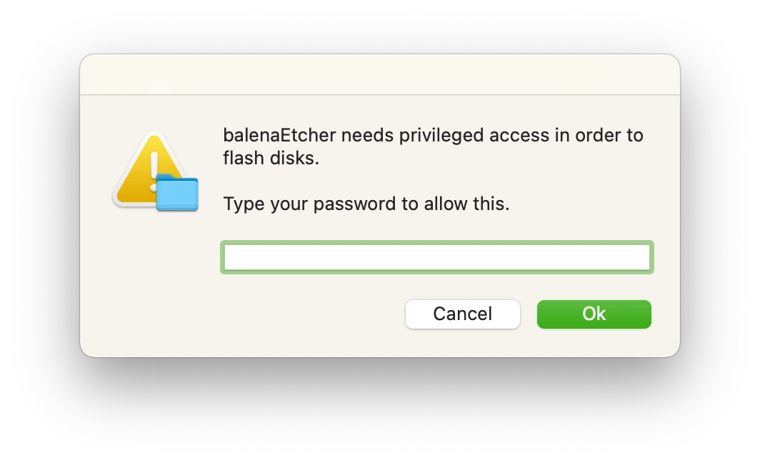 Screenshot of a macOS popup warning with a password field.