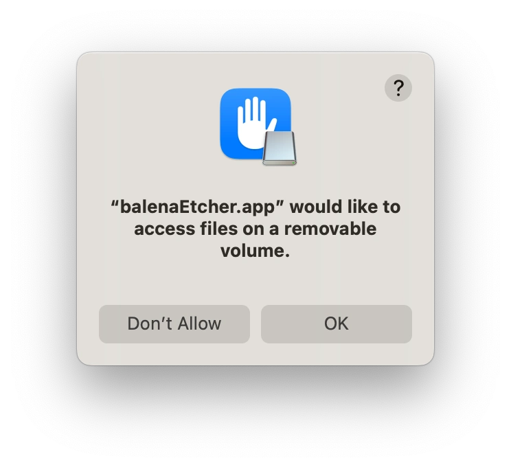 Screenshot of a macOS popup warning with the options to "Don't Allow" or "OK".