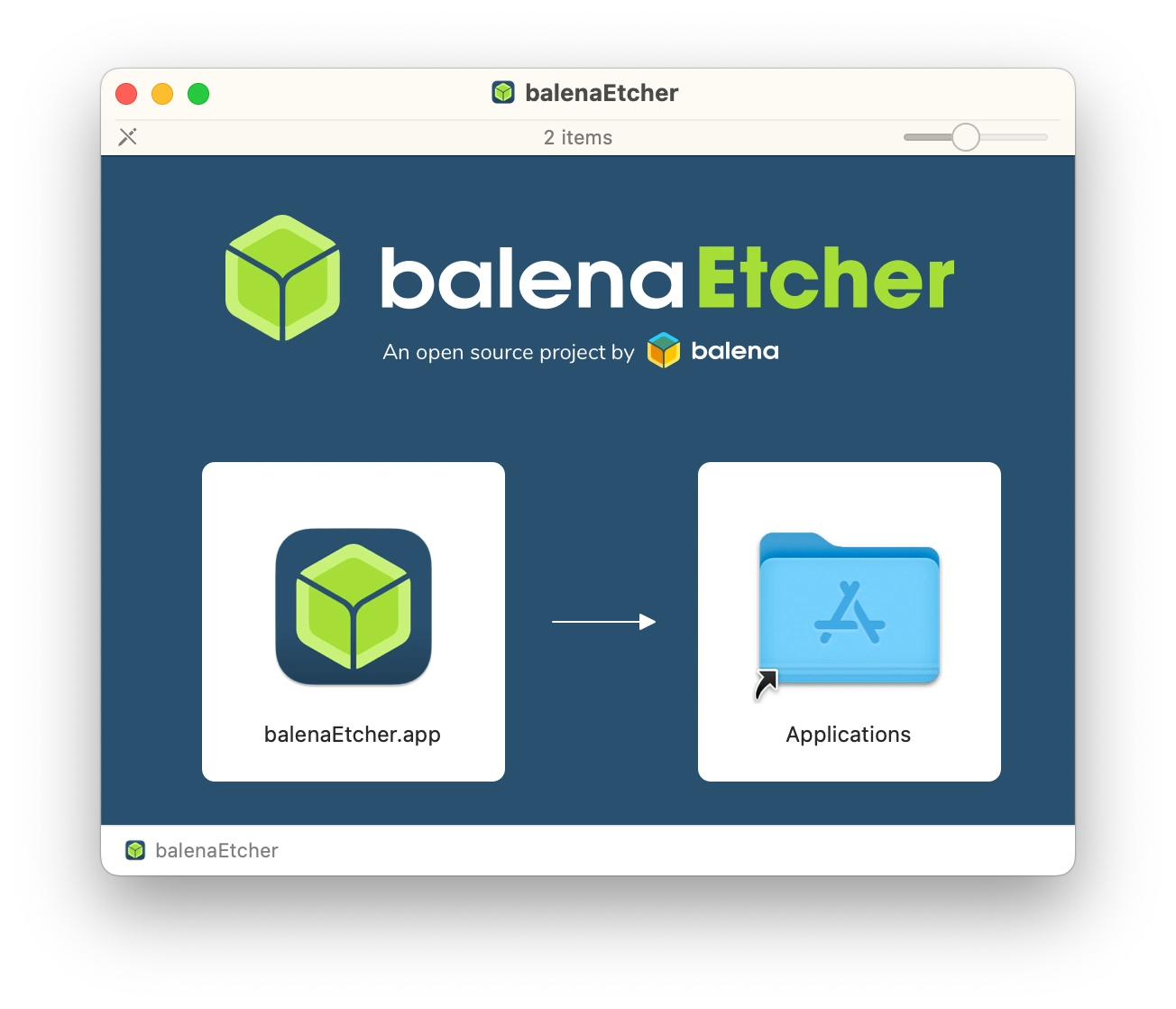 Screenshot of a macOS application installation window for balenaEtcher.