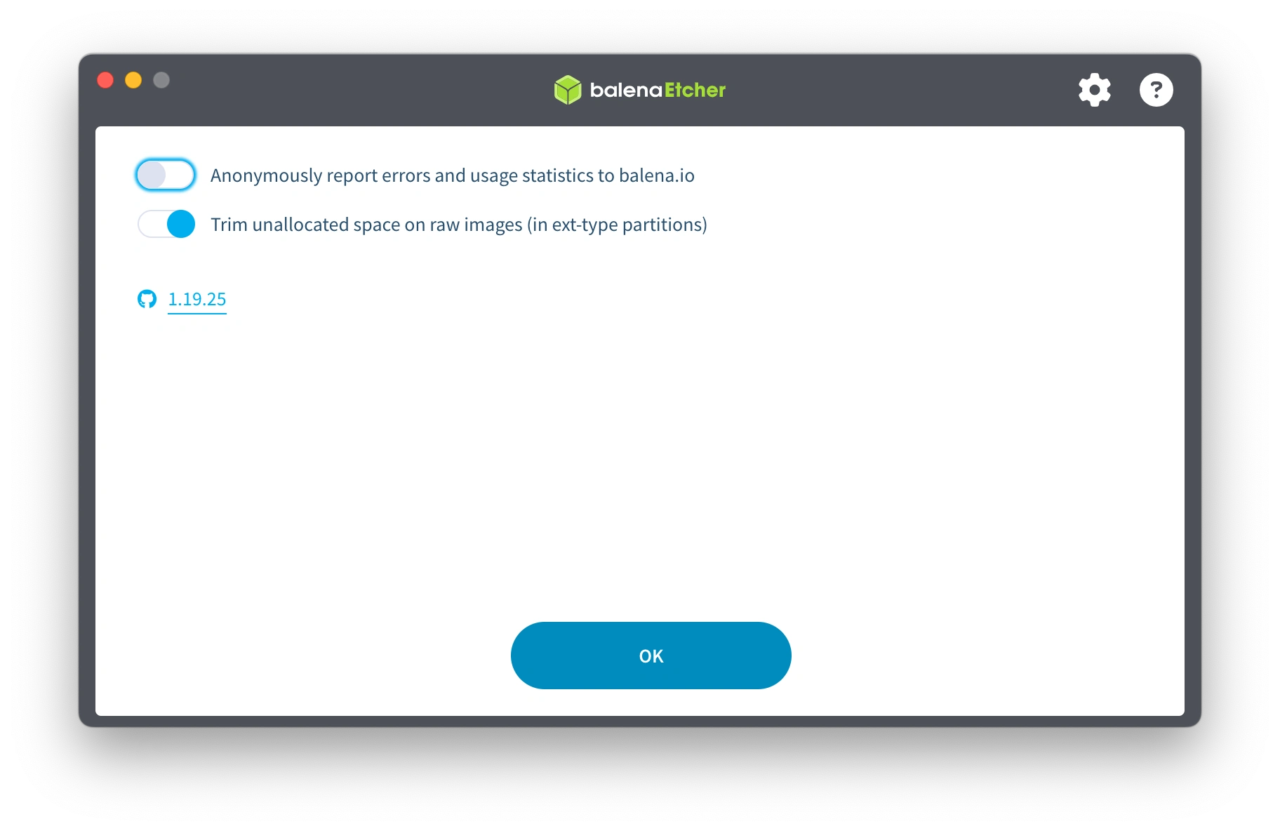 Screenshot of a balenaEtcher window showing a gear icon on the upper-right, and a disabled option to share anonymous error reports.