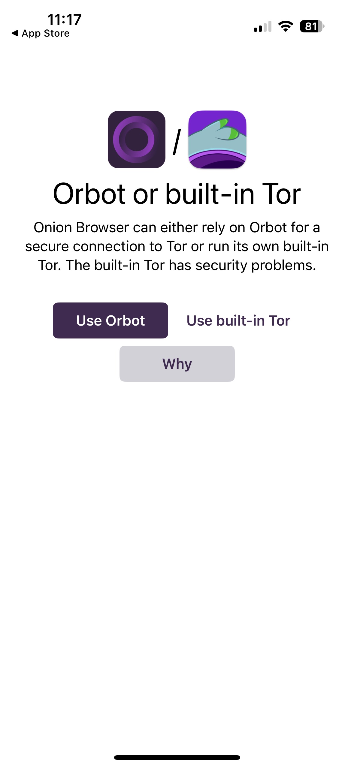 A screenshot asking whether you want to use Orbot or built-in Tor to connect, noting the built-in Tor has security problems.