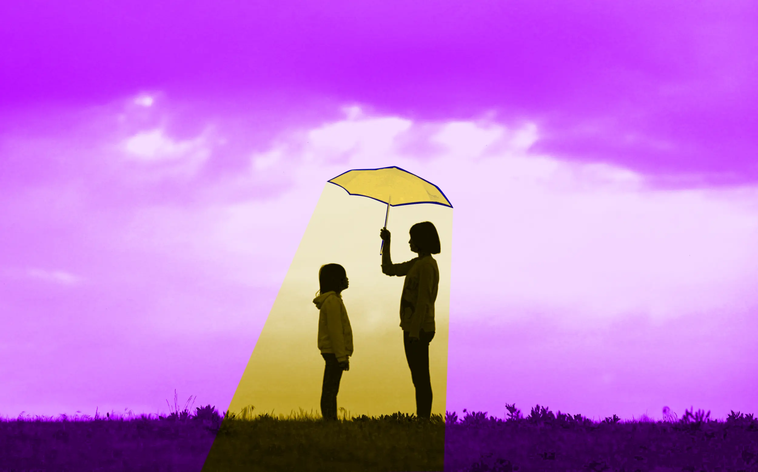 Illustration from a photo of two children standing in a grass field. The taller child holds a yellow umbrella protecting the smaller child.