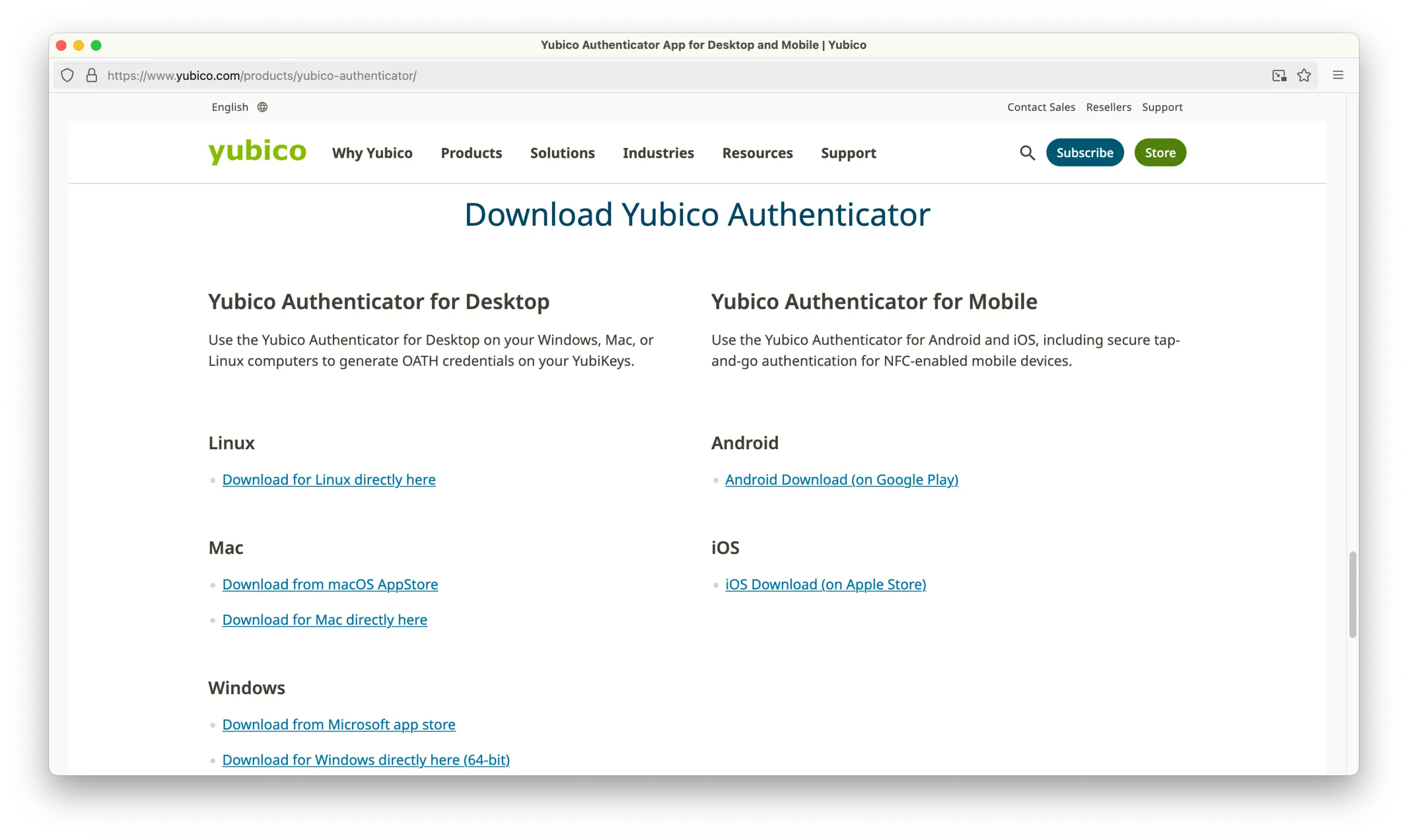 Screenshot of a browser showing the page to download the Yubico Authenticator.