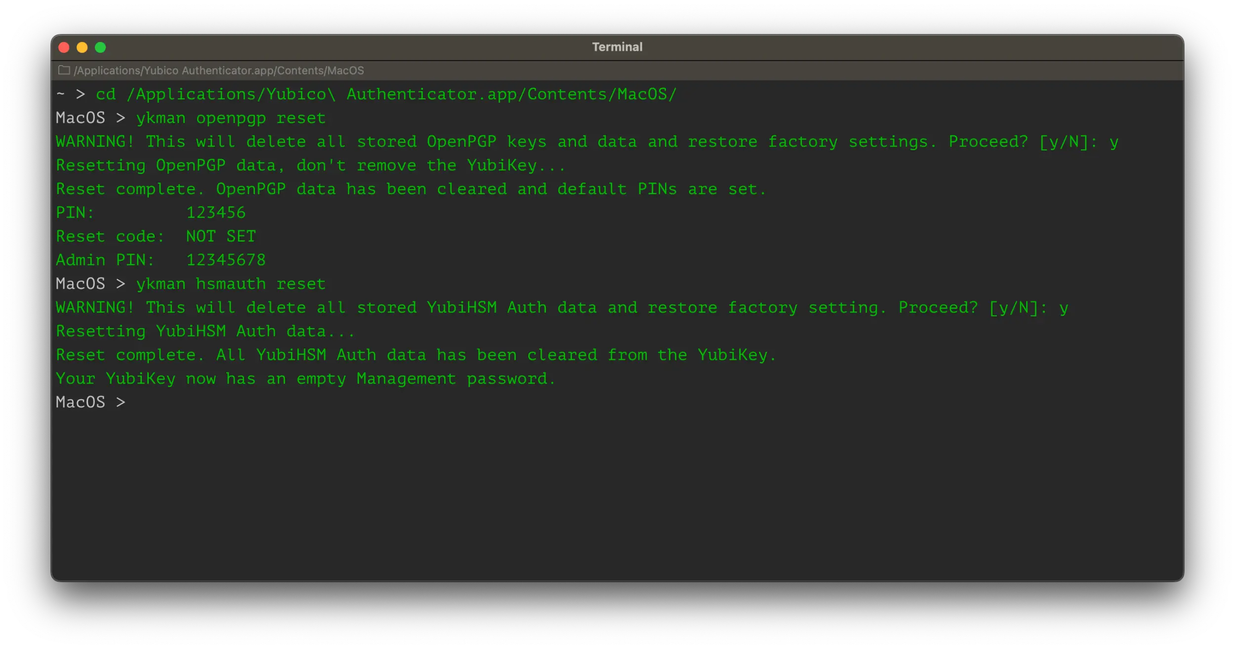 Screenshot of a terminal window showing the two commands for the OpenPGP and HSMauth resets.