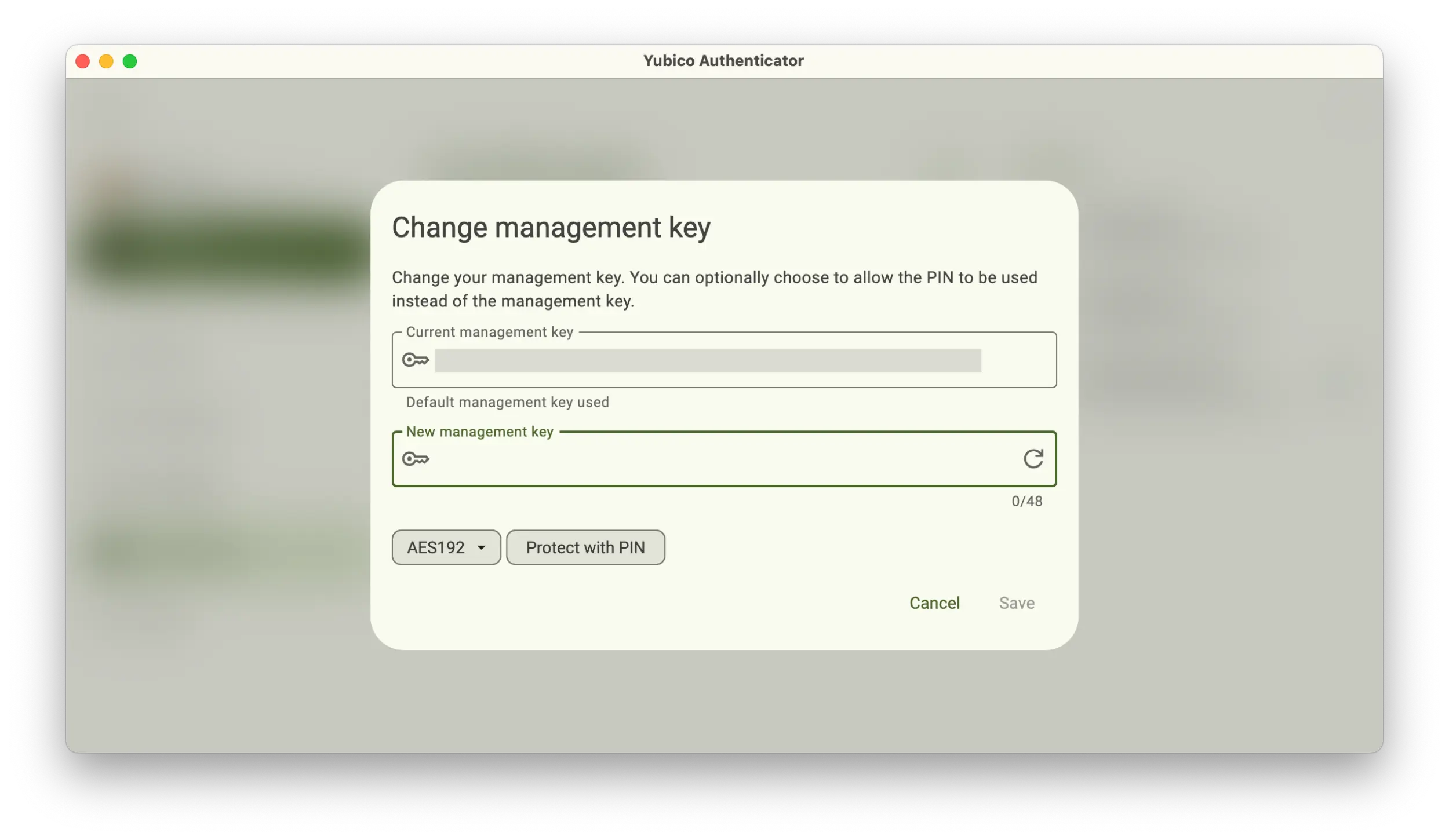 Screenshot of the Yubico Authenticator application showing a Change management key popup.