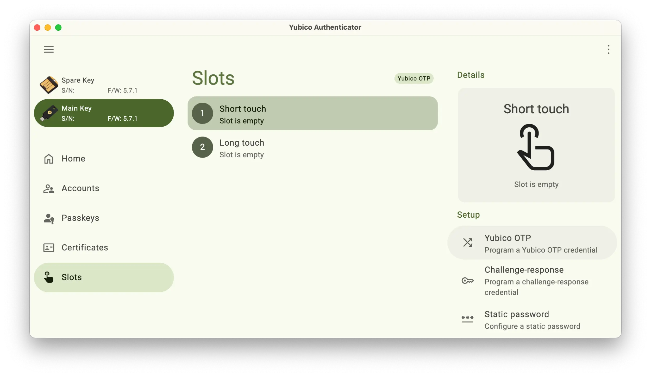 Screenshot of the Yubico Authenticator application showing the Slots section with the Yubico OTP button selected on the right.