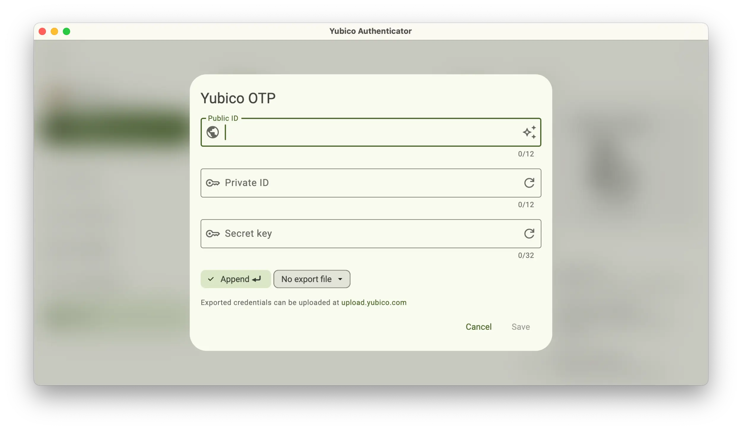 Screenshot of the Yubico Authenticator application showing a Yubico OTP popup.