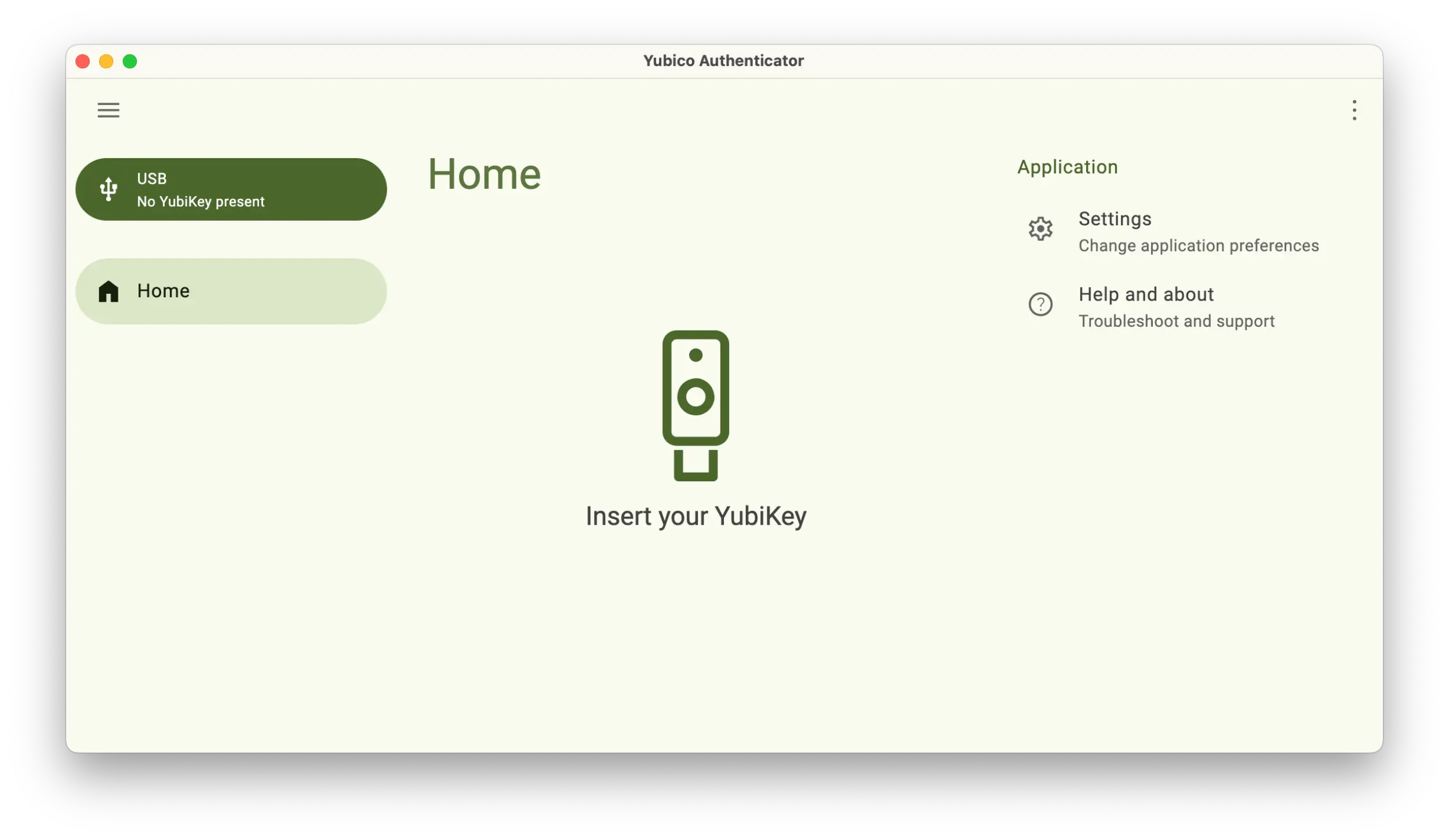 Screenshot of the Yubico Authenticator application showing a YubiKey icon with "Insert your YubiKey".