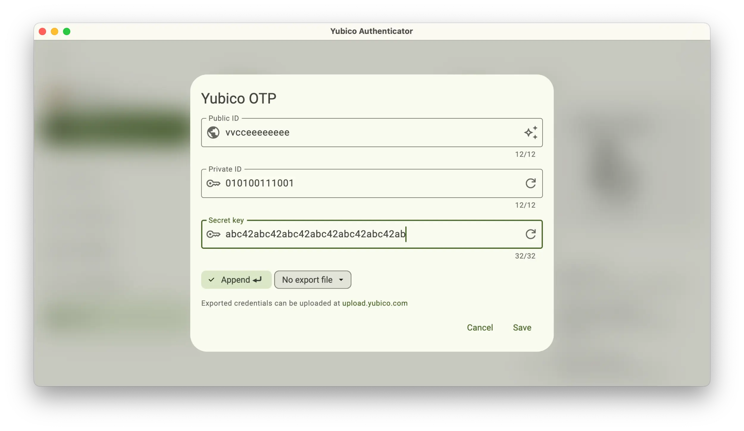 Screenshot of the Yubico Authenticator application showing a Yubico OTP popup with all text fields filled.