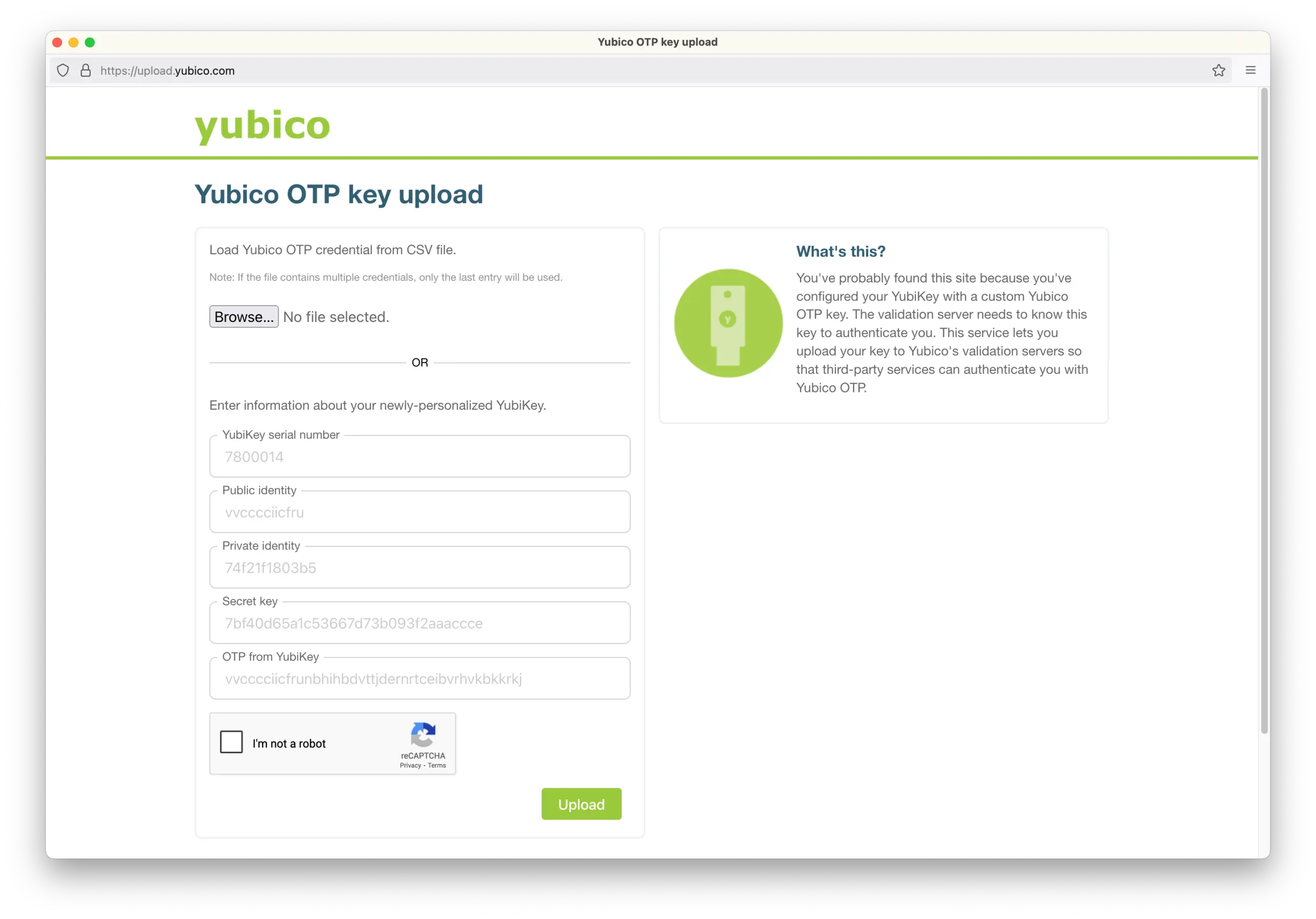 Screenshot of a browser window showing the Yubico OTP key upload web page.