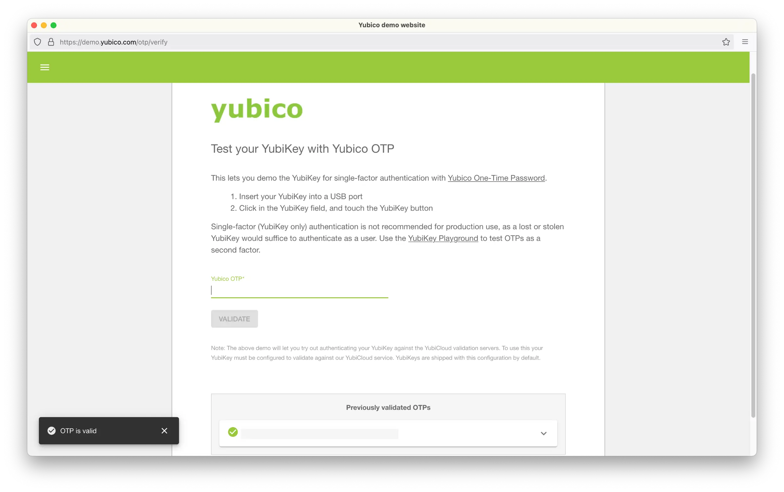 Screenshot of a browser window showing the Yubico OTP testing web page.