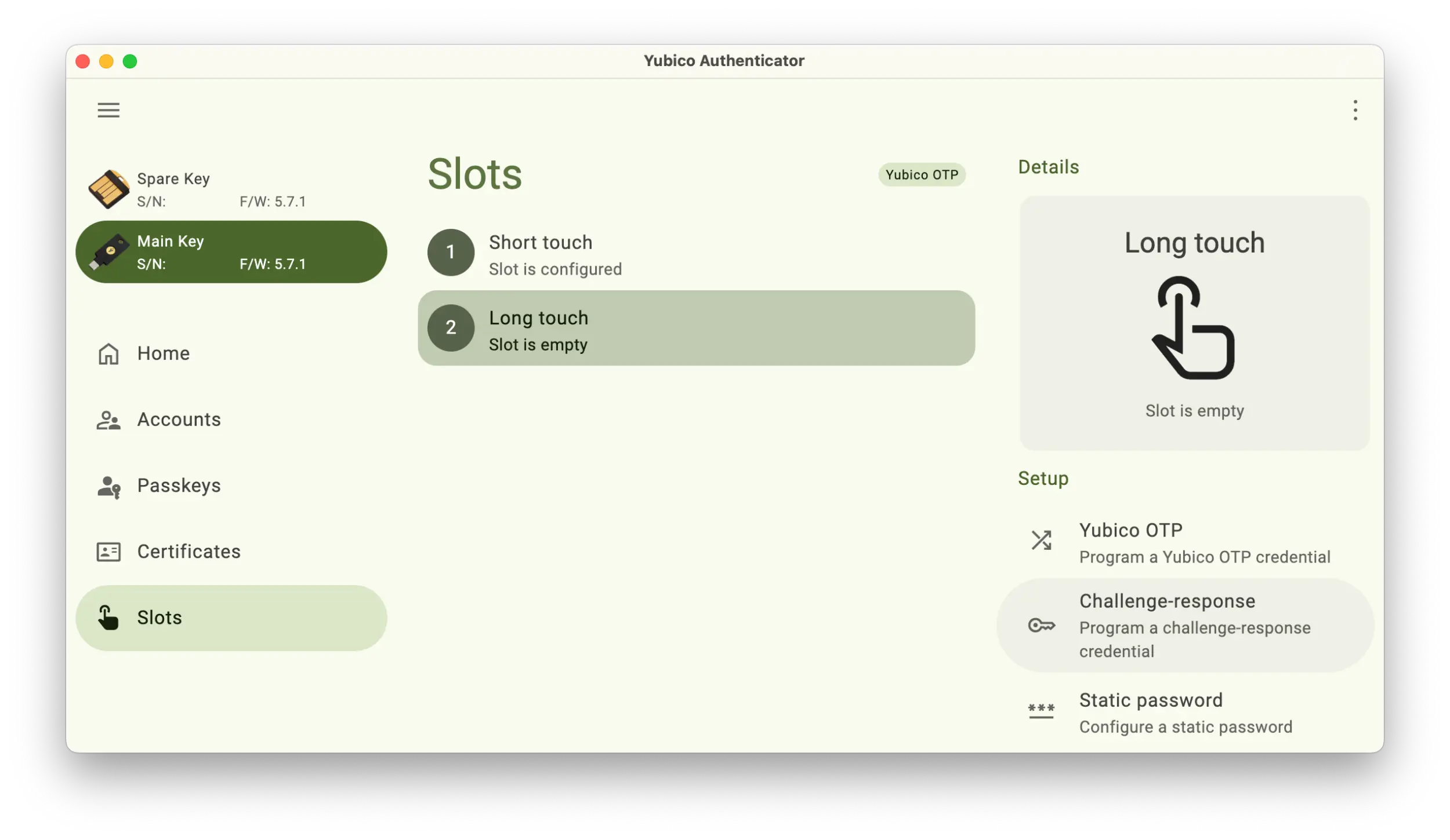 Screenshot of the Yubico Authenticator application showing the Slots section with the Long touch slot selected and the Challenge-response button selected on the right.