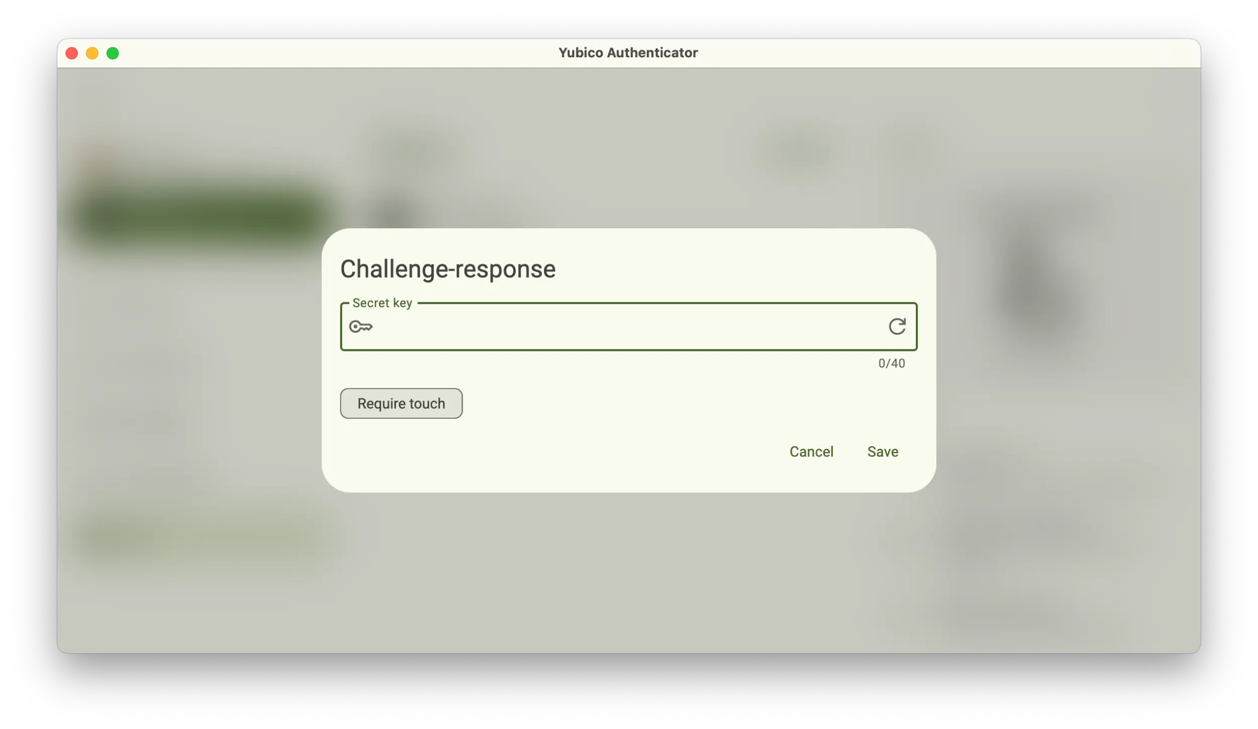 Screenshot of the Yubico Authenticator application showing a Challenge-response popup.