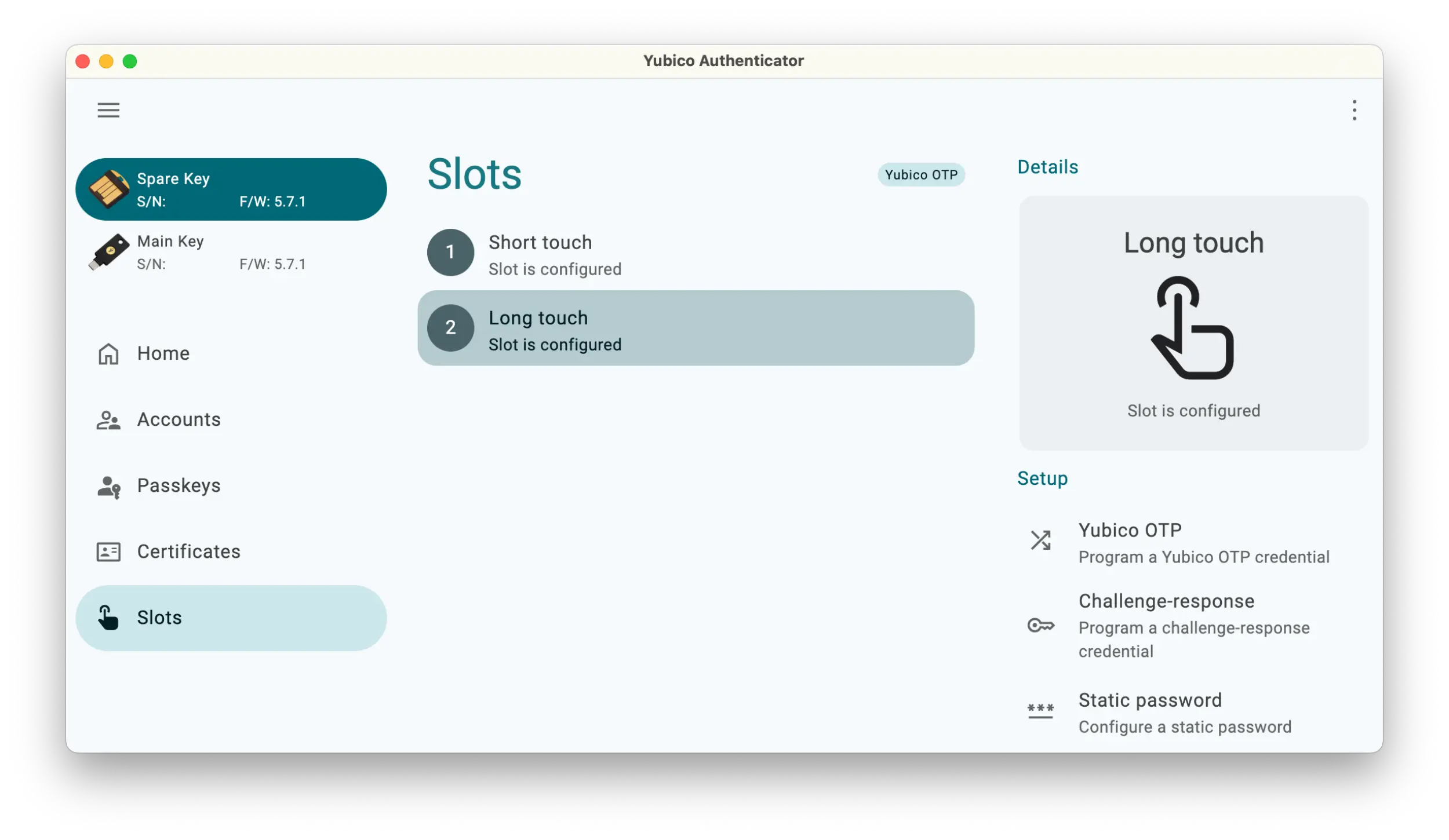 Screenshot of the Yubico Authenticator application showing the Slots section with the spare key selected. The Long touch is labeled configured.