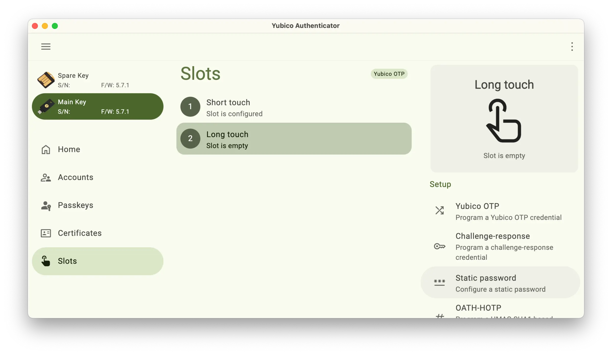 Screenshot of the Yubico Authenticator application showing the Slots section with the Long touch slot selected, and the Static password button selected on the right.