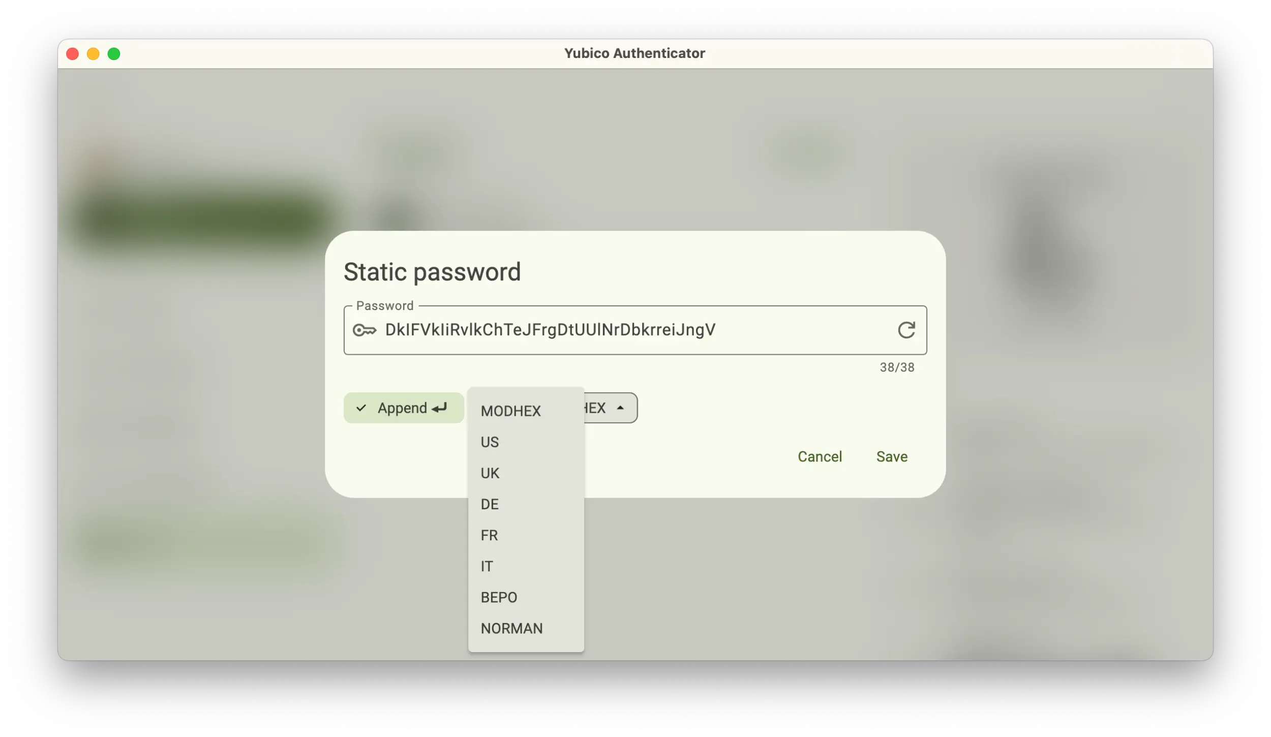 Screenshot of the Yubico Authenticator application showing a Static password popup with a keyboard selection drop-down menu.