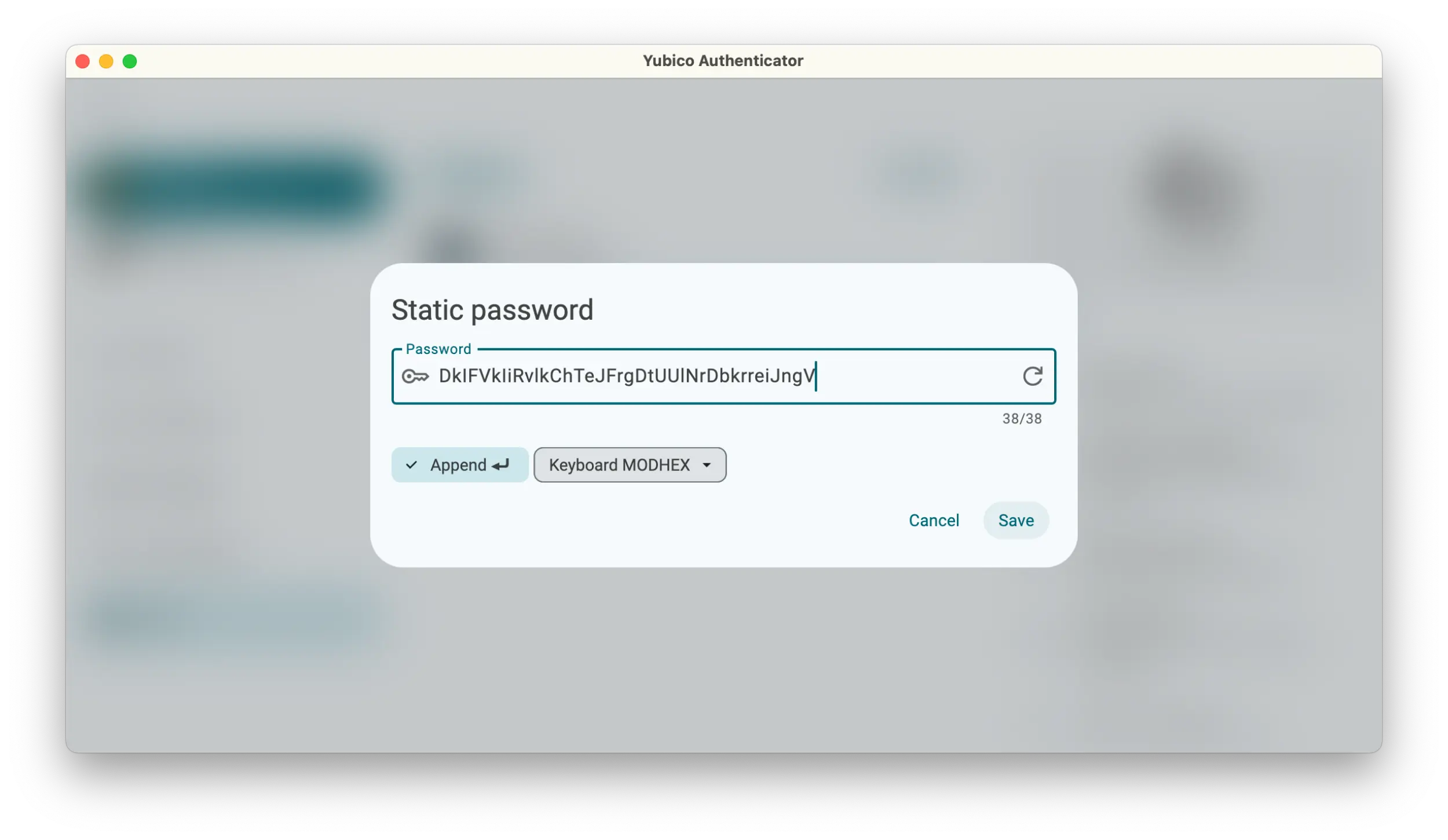 Screenshot of the Yubico Authenticator application showing a Static Password popup with a Password field filled.