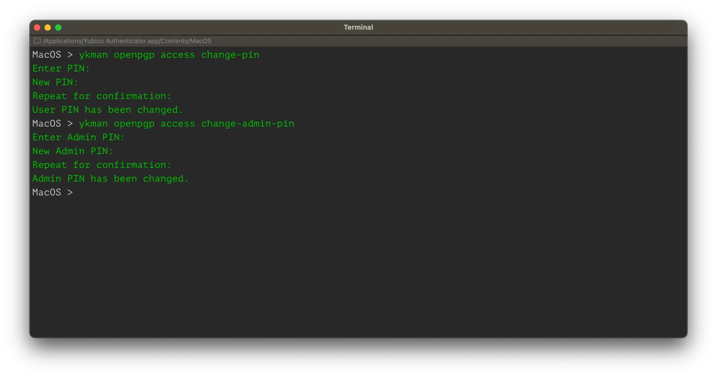 Screenshot of a terminal window showing the commands to change the OpenPGP PIN and Admin PIN.