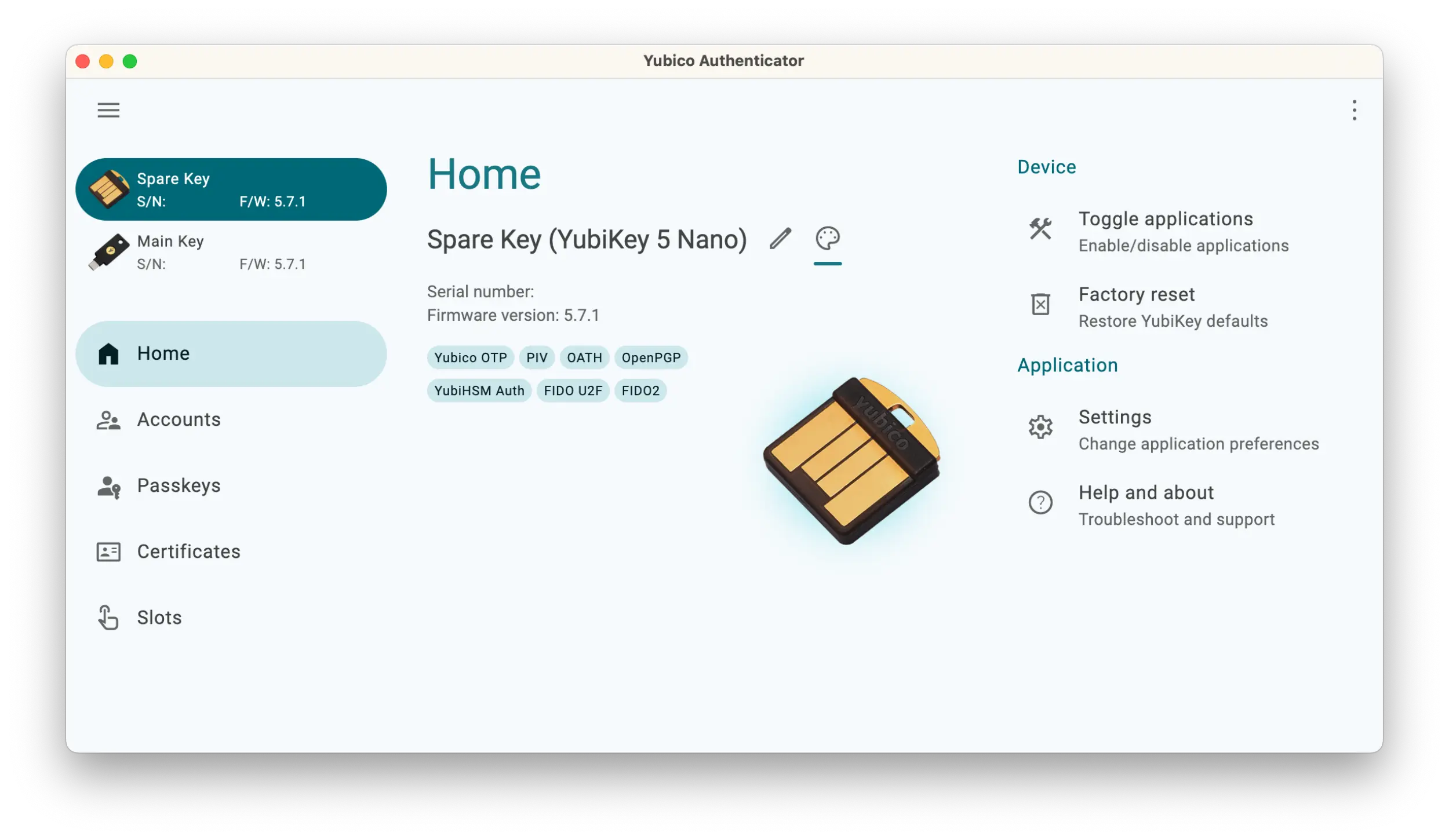 Screenshot of the Yubico Authenticator application showing a Home menu with a spare YubiKey. The application window is colored teal.