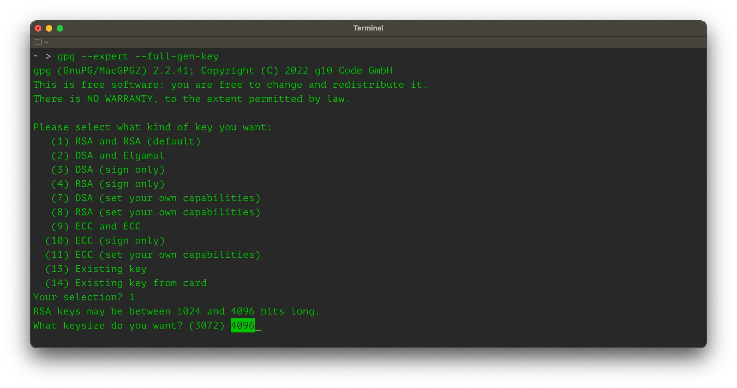 Screenshot of a terminal window showing an OpenPGP key generation.