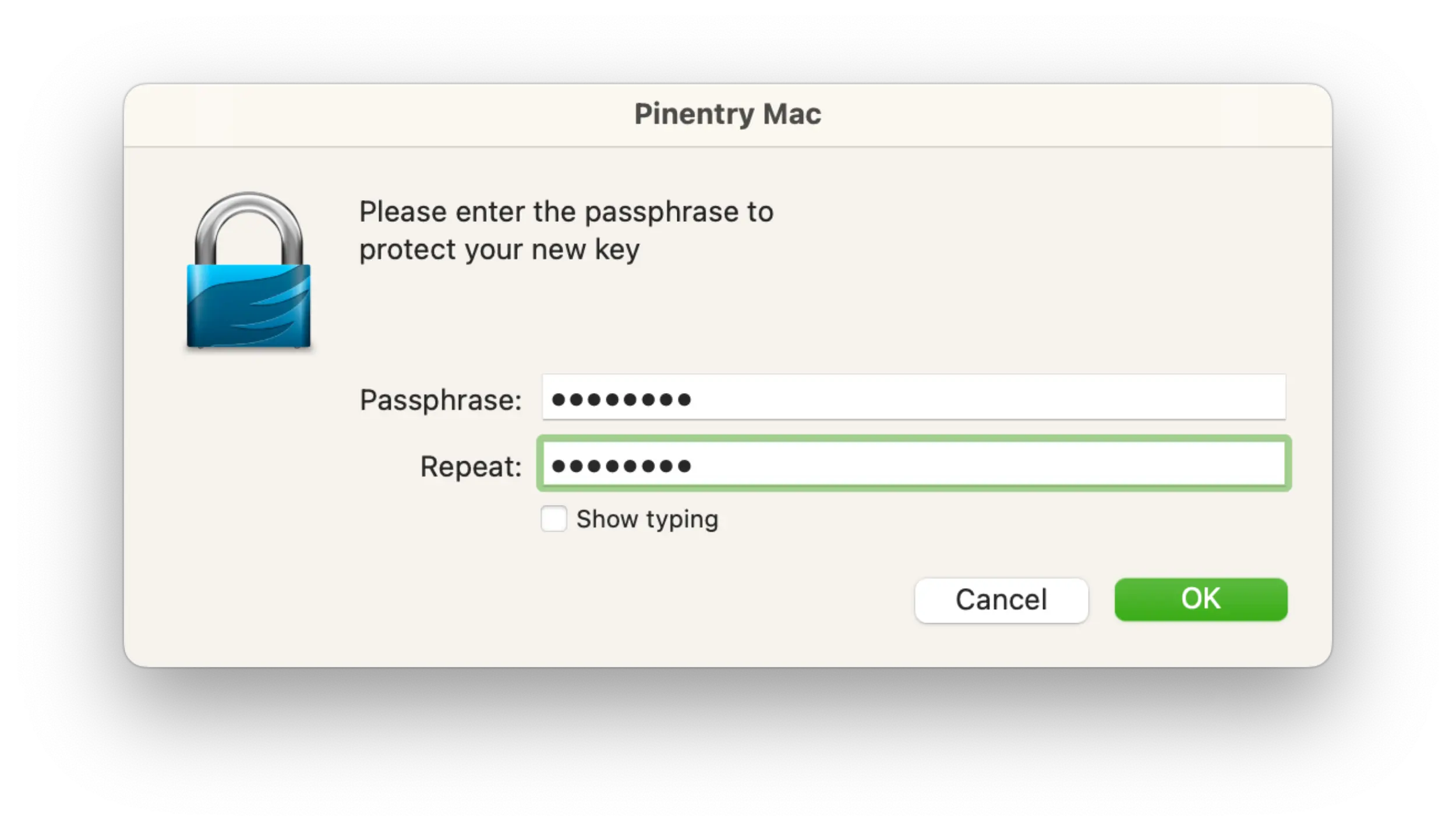 Screenshot of a GPG software application asking to set up a passphrase.