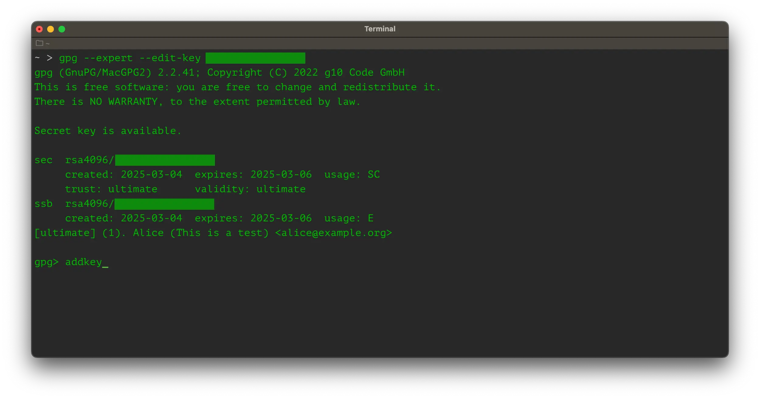 Screenshot of a terminal window showing the command to edit and add subkeys.