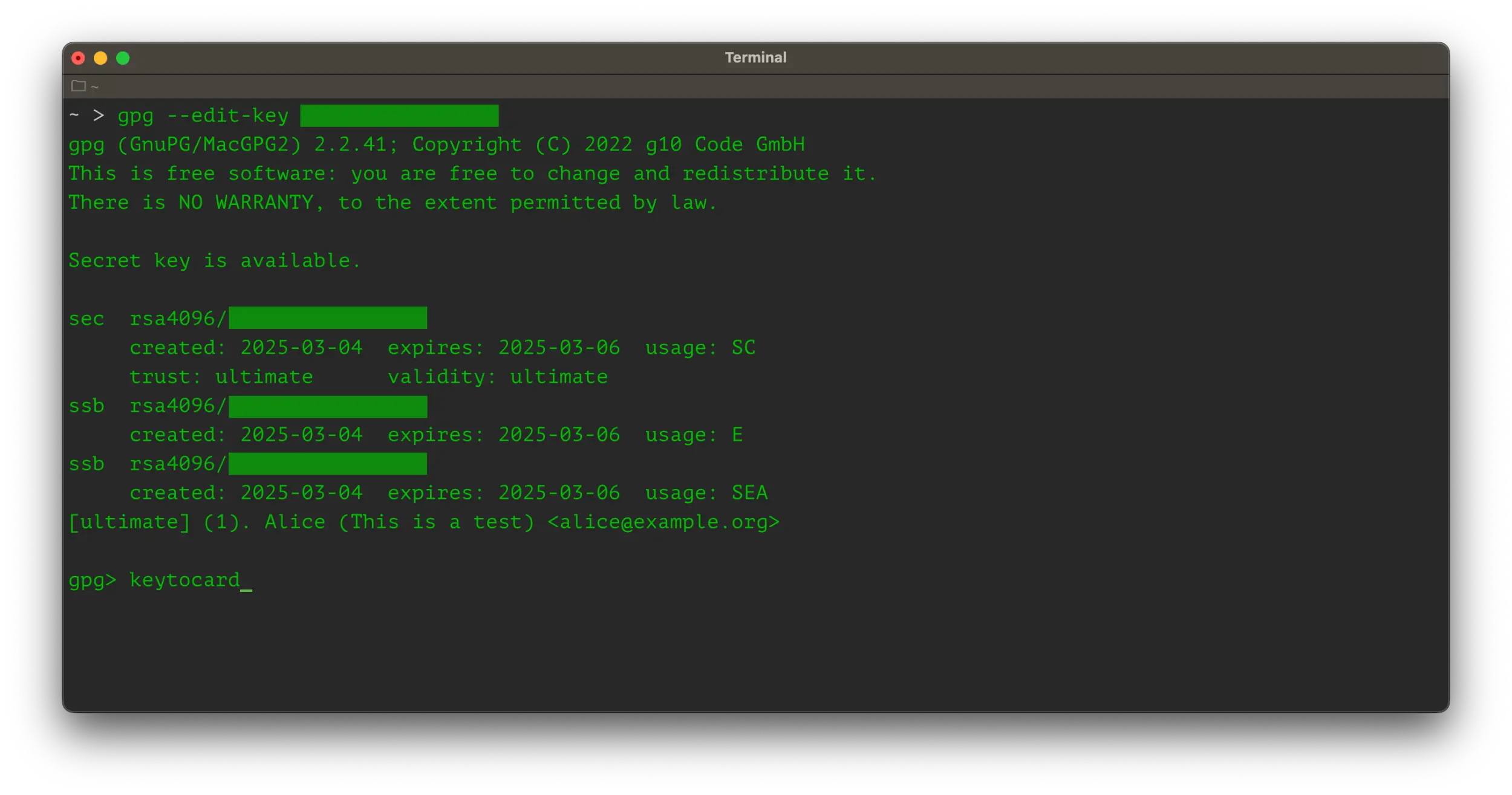 Screenshot of a terminal window showing details of the OpenPGP key and its subkeys.