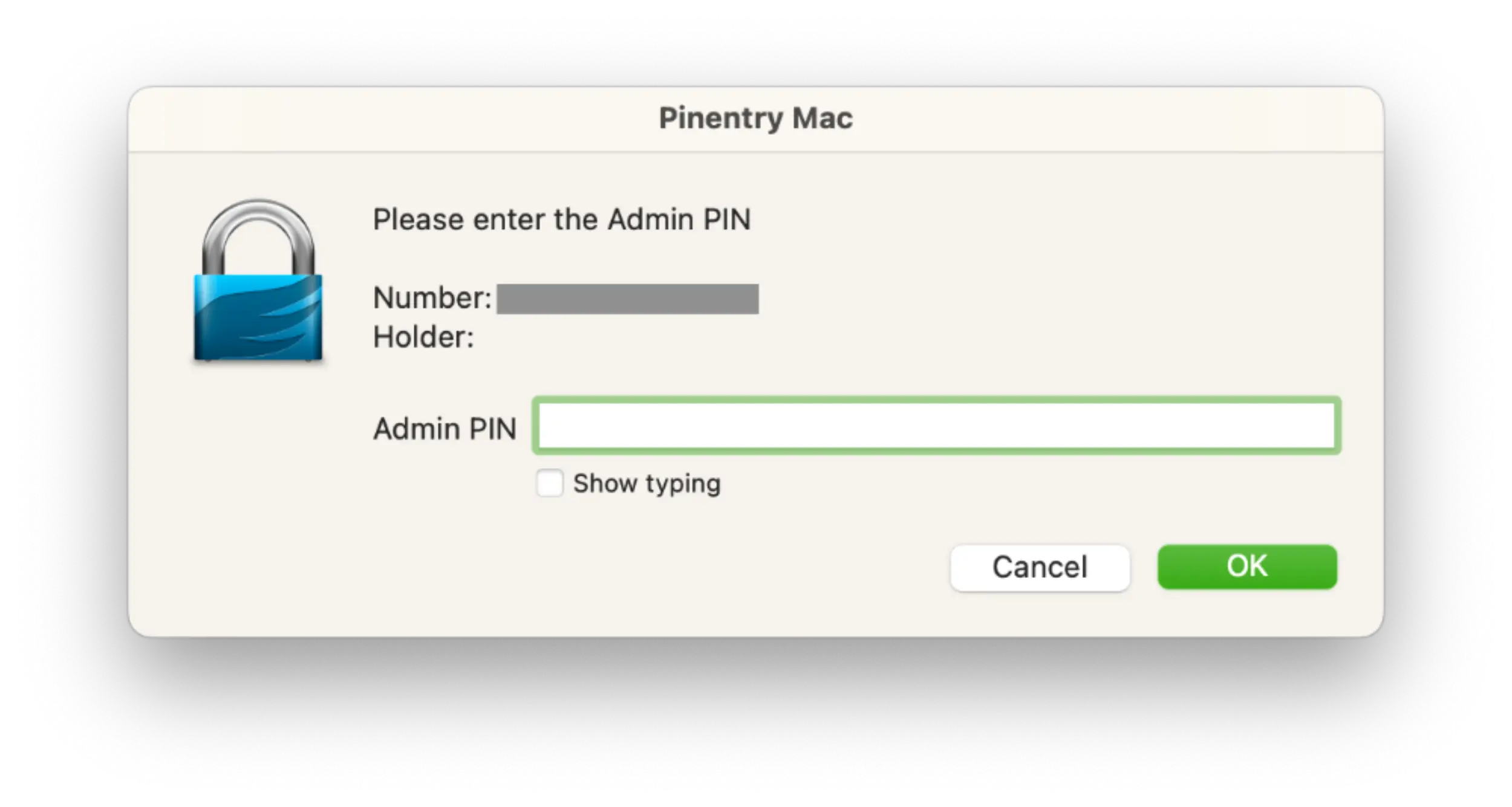 Screenshot of a GPG software popup window requiring to enter an Admin PIN.