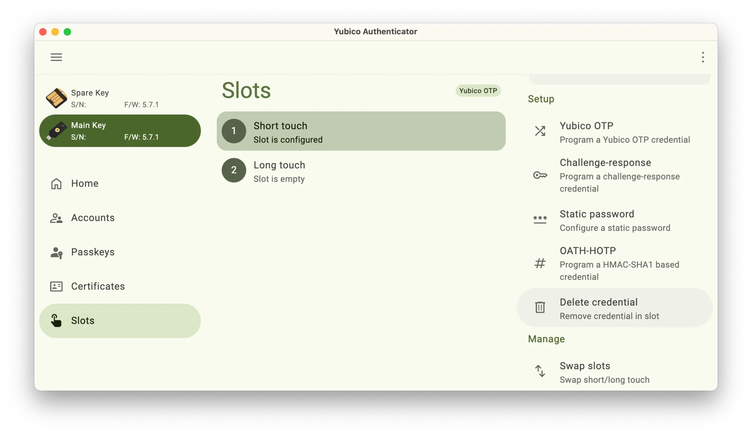 Screenshot of the Yubico Authenticator application showing the Slots section with the Short touch slot selected.